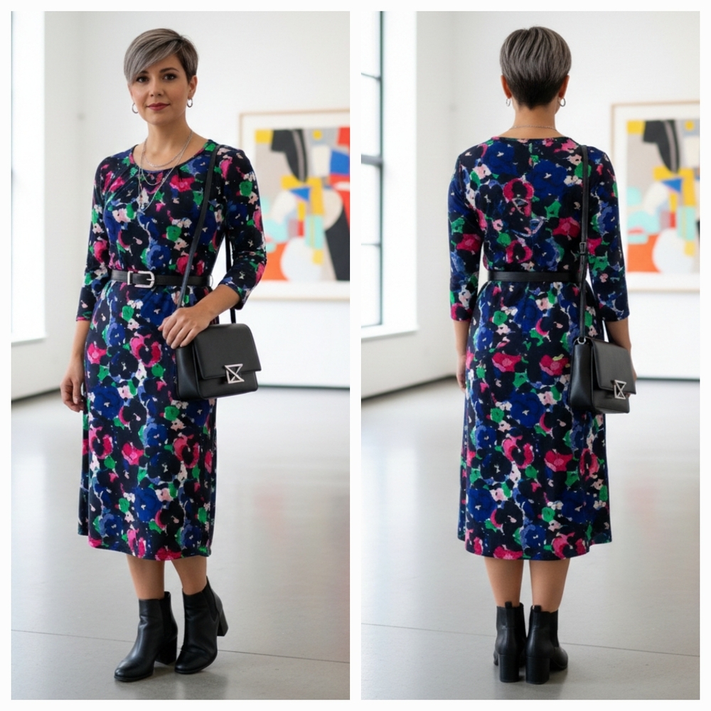 NWT Talbots XSP Whimsigoth Retro Floral Artsy 3/4 Sleeve Jersey Knit Shift Dress